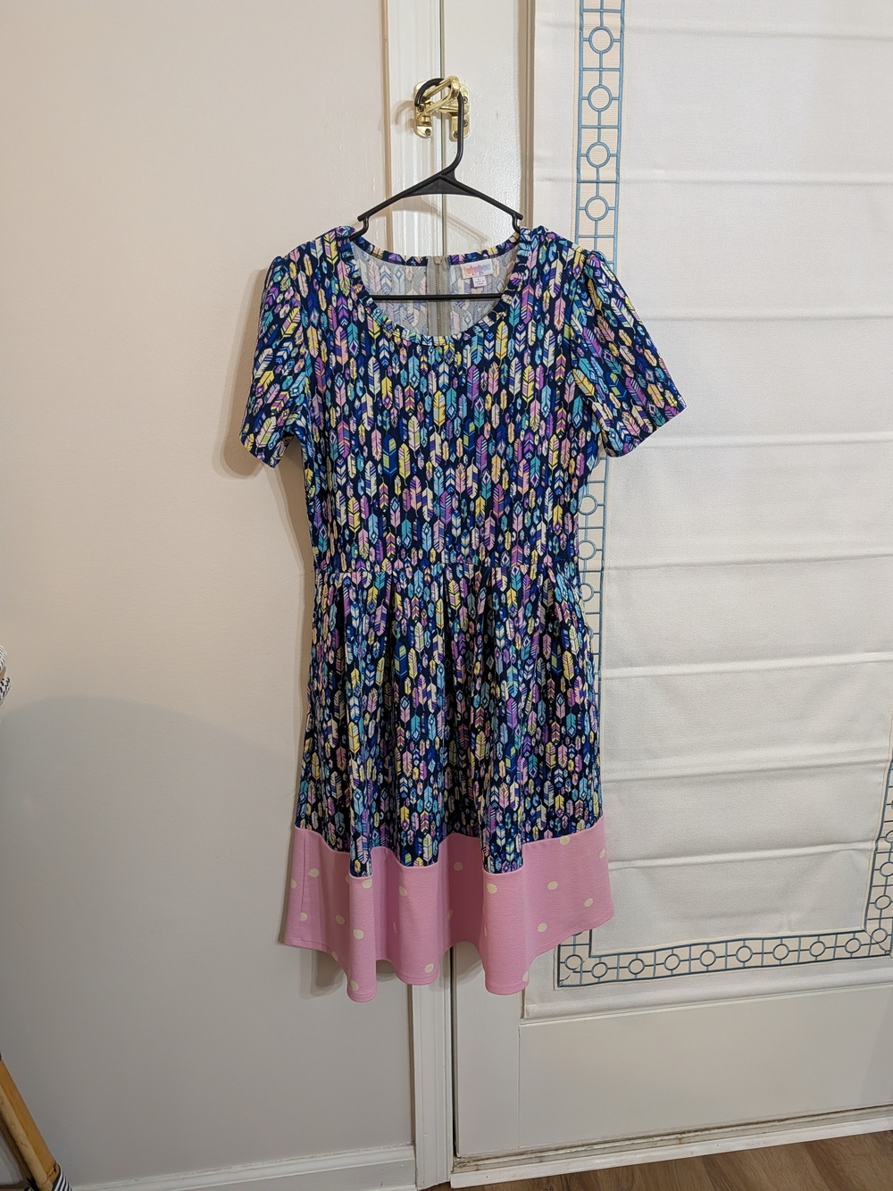LuLaRoe Navy Dress with Pink Hem and Multicolor Feather Print